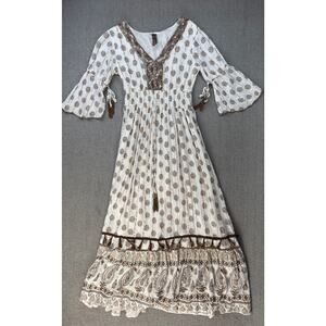 Me 2 Magic Maxi Dress Bohemian Gypsy Hippie Boho Beige Brown Gold Size Small